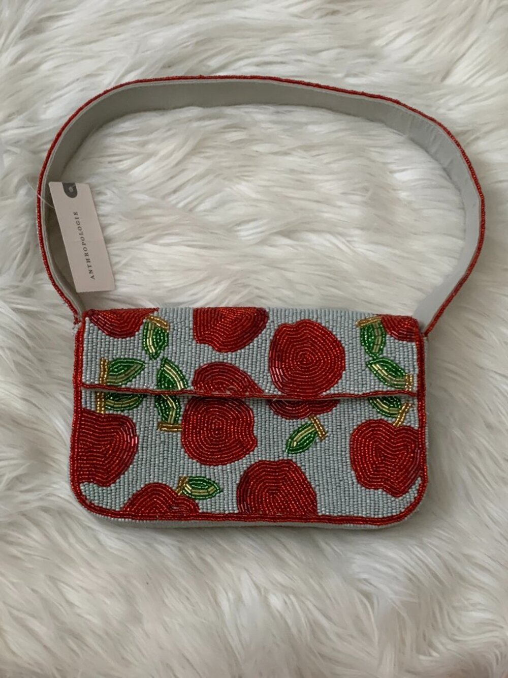 ANTHROPOLOGIE The Fiona Beaded Bag: Food & Drink Edition Apple in Red/Blue